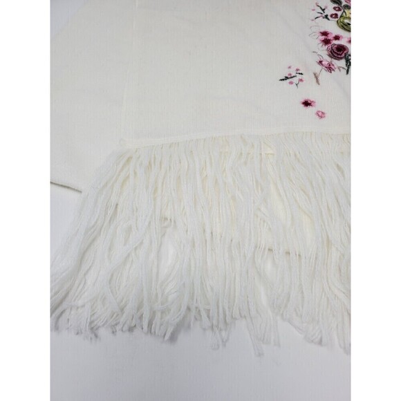 VINTAGE 100% CASHMERE CREAM LONG SCARF PINK FLOWERS EMBROIDERY WOMEN OS - Picture 7 of 12